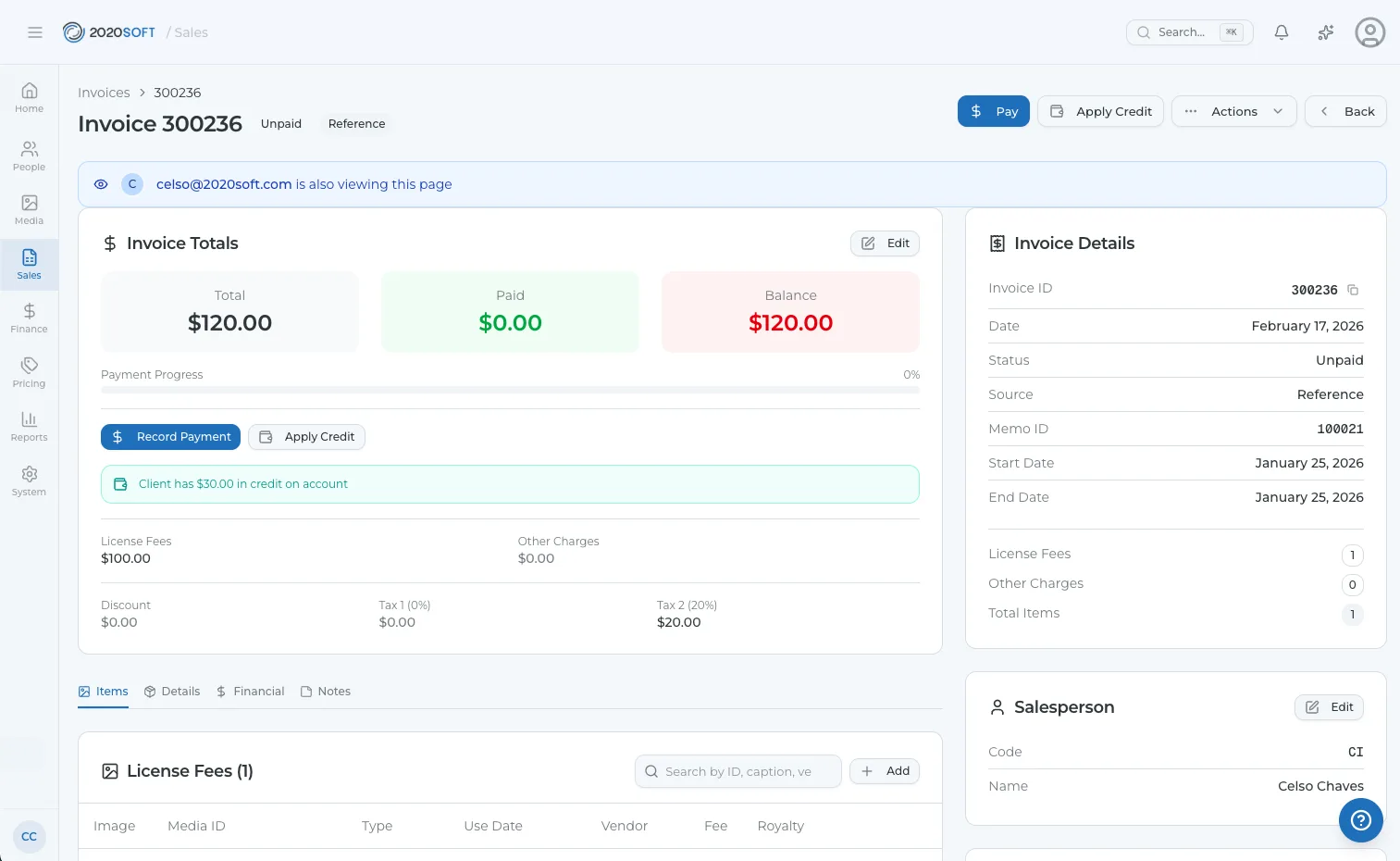 2020SOFT Invoice details page with totals, payment status, and license fees